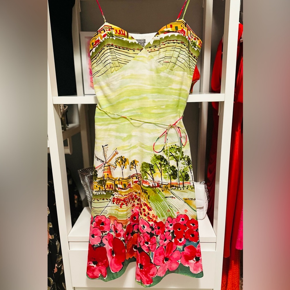 Boston Proper Scenic Green and Pink Midi Dress